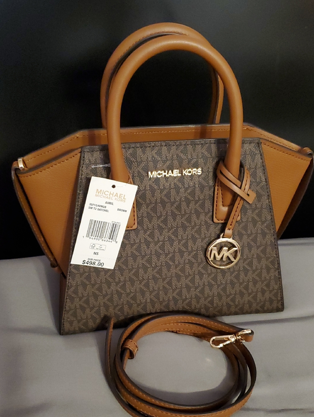 Michael Kors Brown/Tan Monogram Satchel with Gold Logo Charm